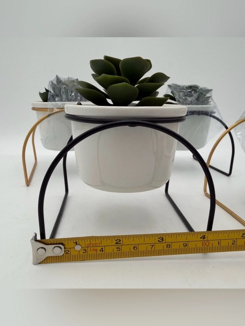 Set Of 4 White Ceramic Succulent Planter with Black and Gold Metal Stands